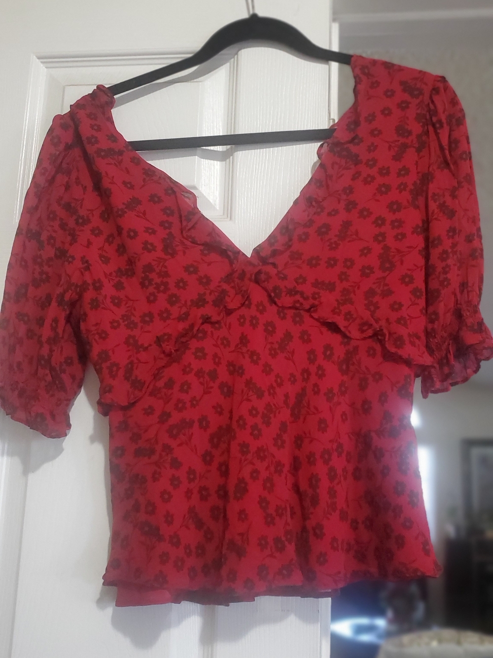 Red Floral V-Neck Peplum Blouse